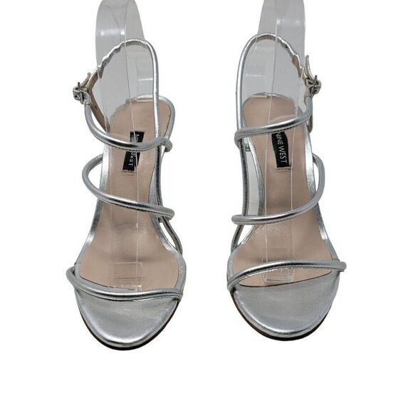 Nine West Metallic Silver Leather Formal Strappy Stiletto Heels 8 Glam NWMERICIA - Picture 7 of 14